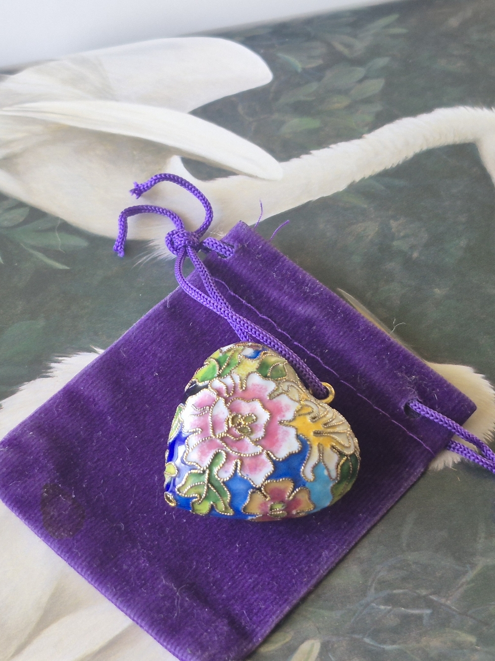 Floral Cloisonné Heart Pendant Necklace - Purple, Blue & Green - Picture 4 of 10